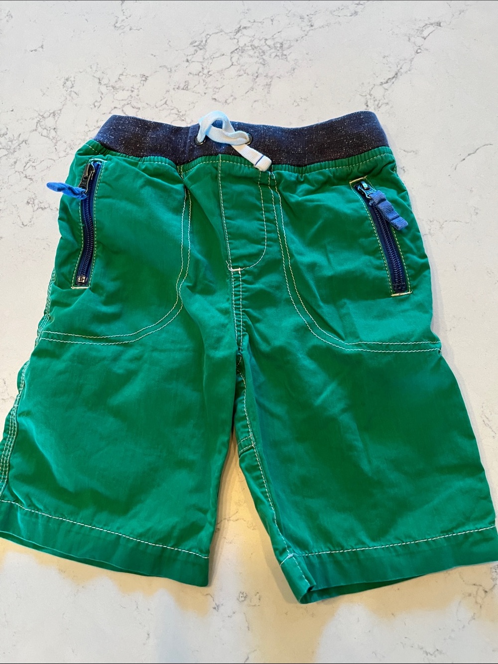Mini Boden Green Drawstring Shorts with Navy Waistband